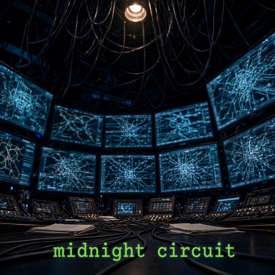 Midnight Circuit single cover: a dark control room of glowing screens